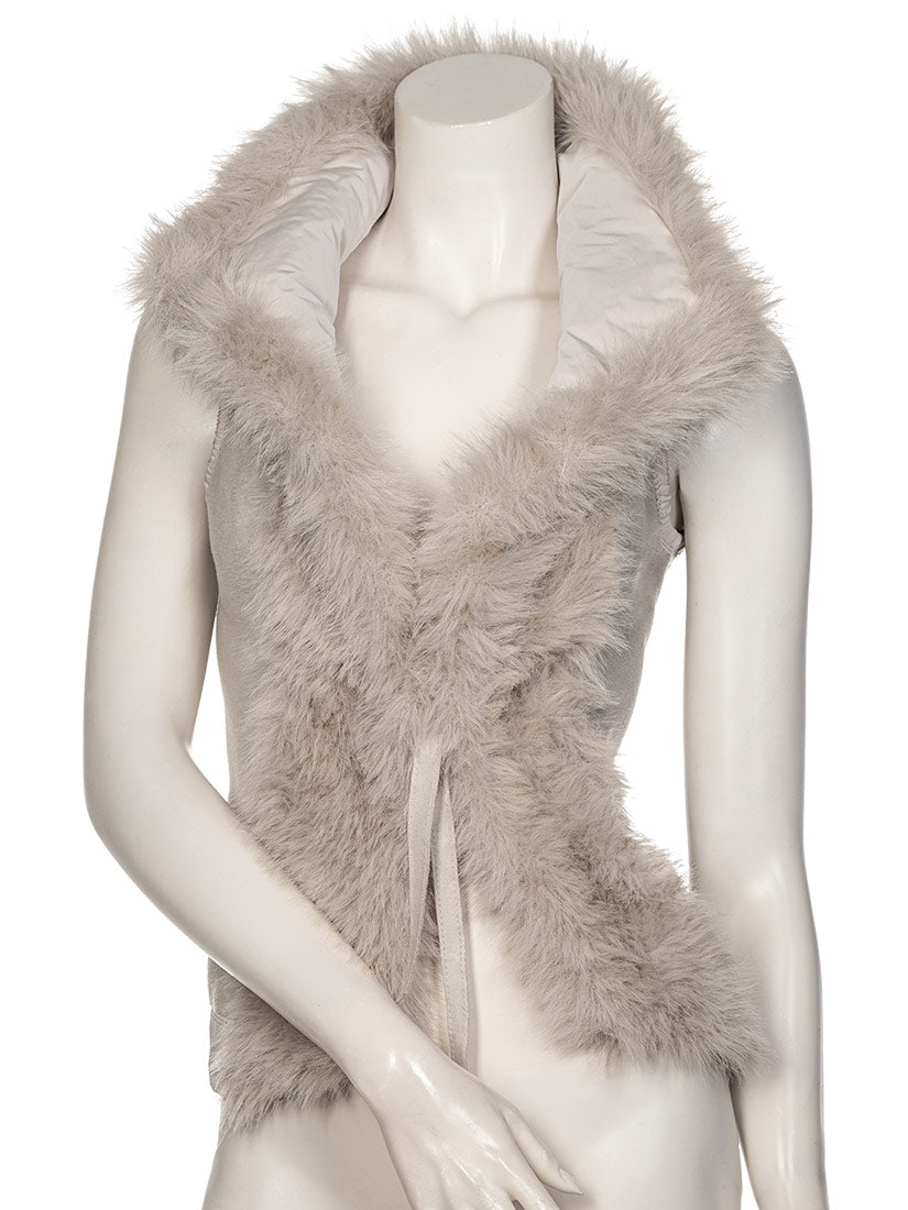 faux furs and fleece vest in taupe on mannequin