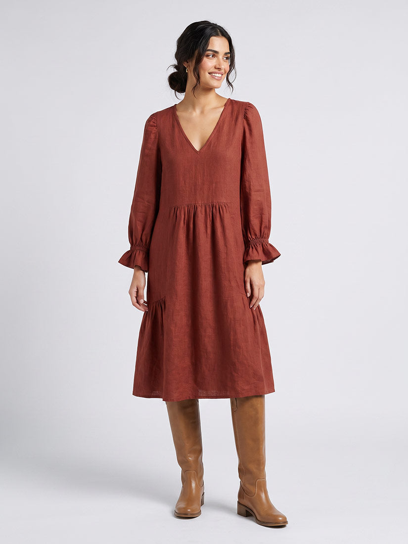 ancora altair linen midi dress in cinnamon on blond woman