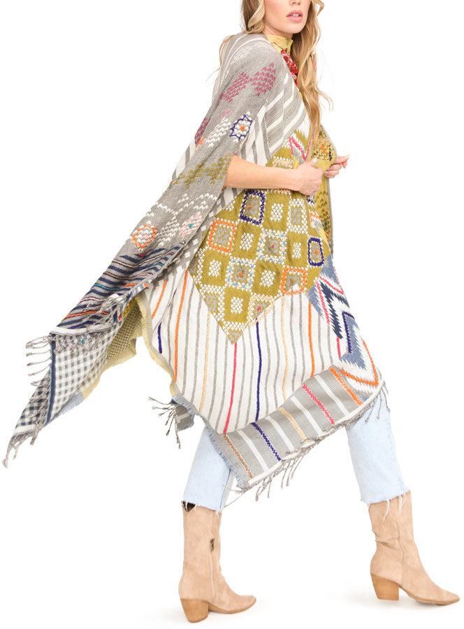 aratta snow white reversible hand stitched jacquard poncho
