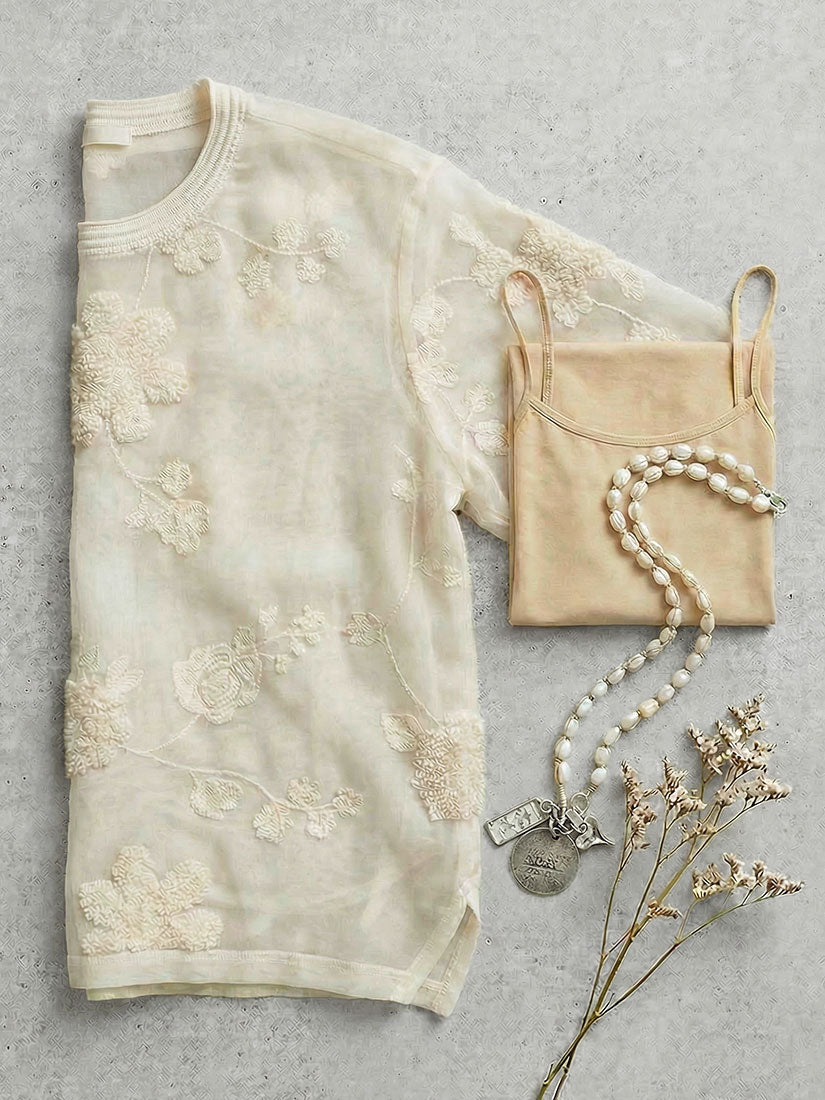 la fleur off white embroidered tee from beate heymann flat with camisole and necklace