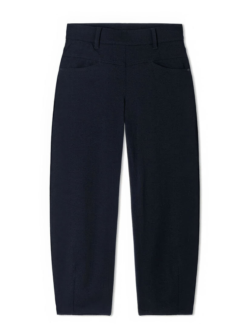 A pair of dark navy blue cropped trousers shown flat against a plain white background.
