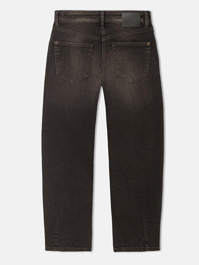 A pair of dark charcoal gray slim-fit jeans shown from the back, featuring a faded wash on the upper thighs and back pockets, set against a plain light gray background.
