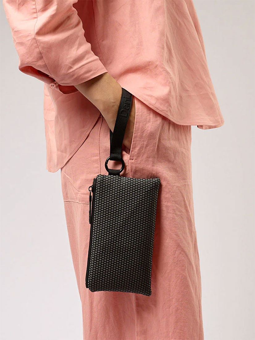 daniella lehavi bonie case vegan clutch black on model
