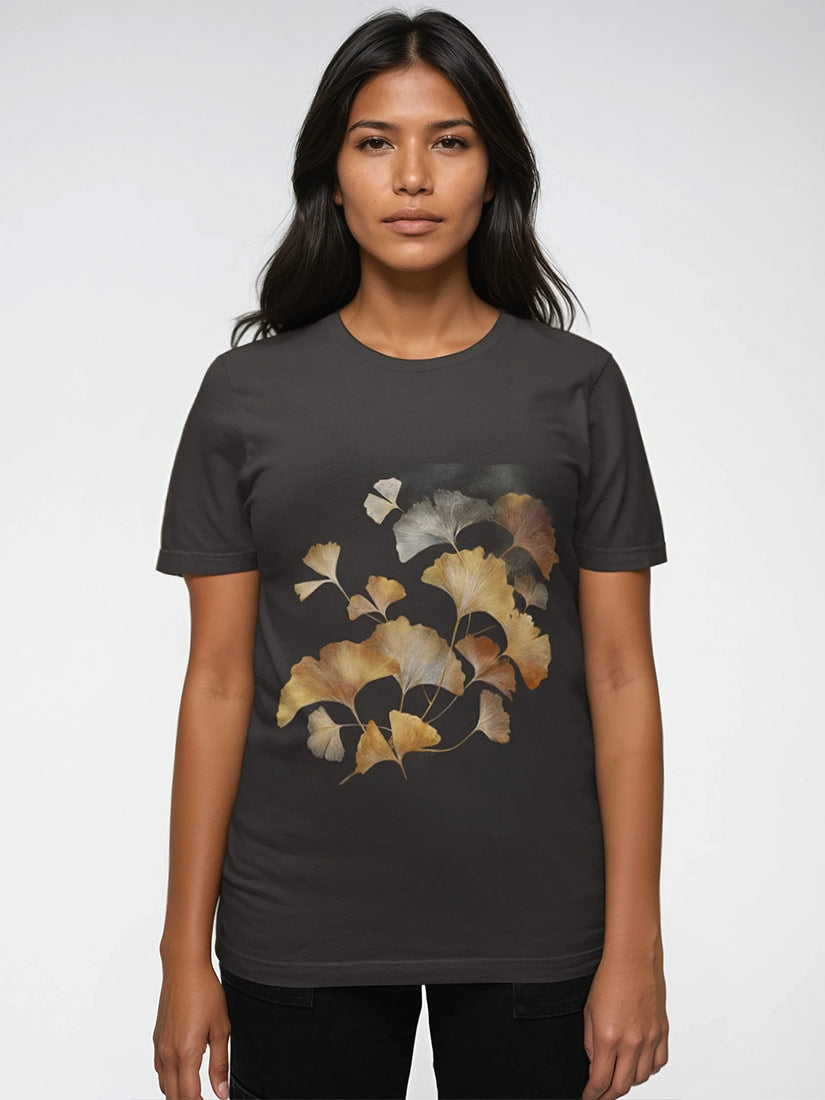 ancient leaves graphic tee from get dressed collective on black hair model