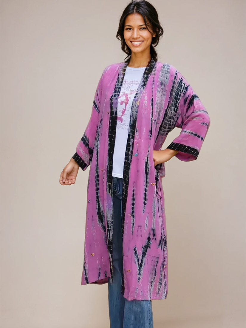 Encore recycled silk kimono in pink from Get Dressed Collective on model