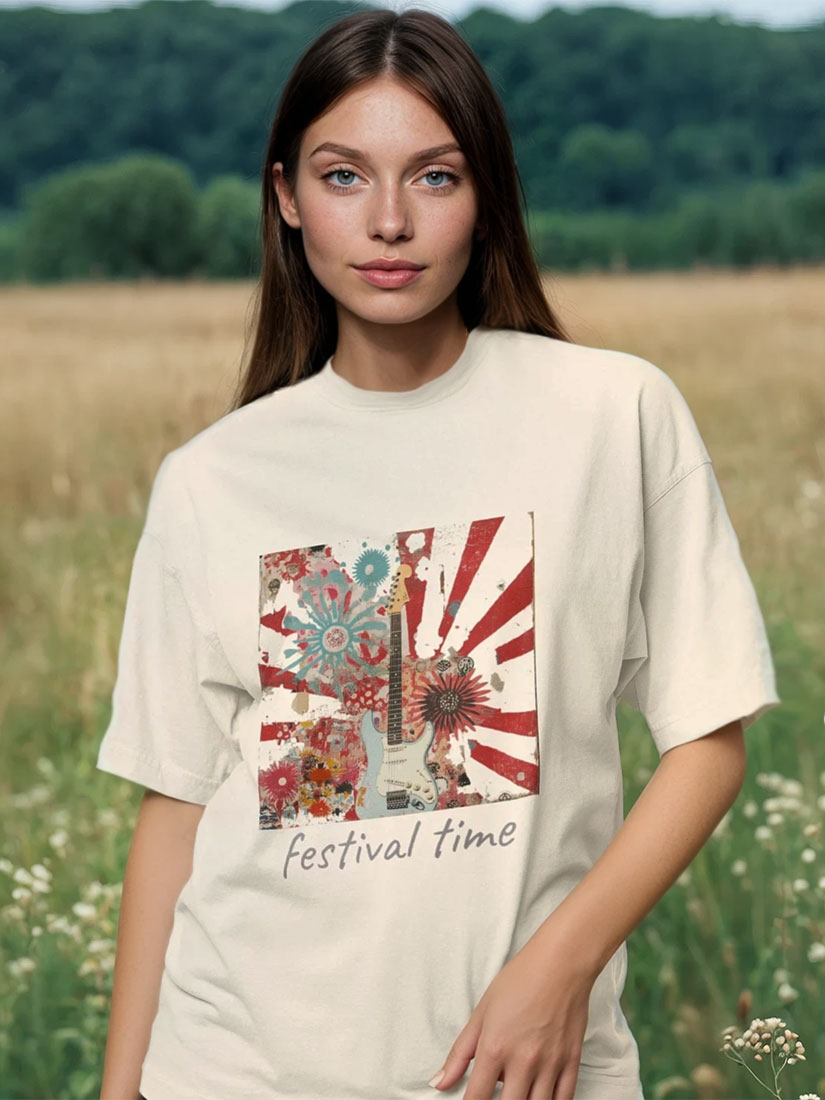 festival time vintage 60's print tee on model from get dressed collective on brown hair model