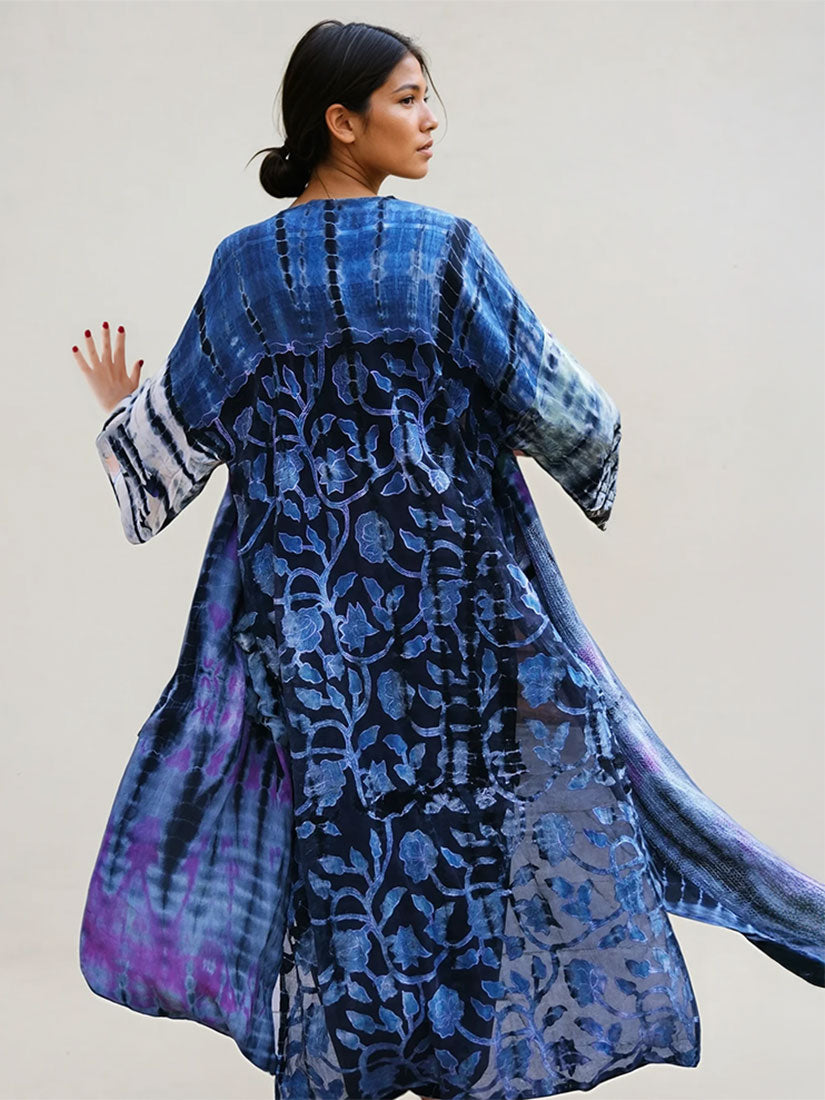 melody silk embroidered kimono blue tie dye, get dressed collective