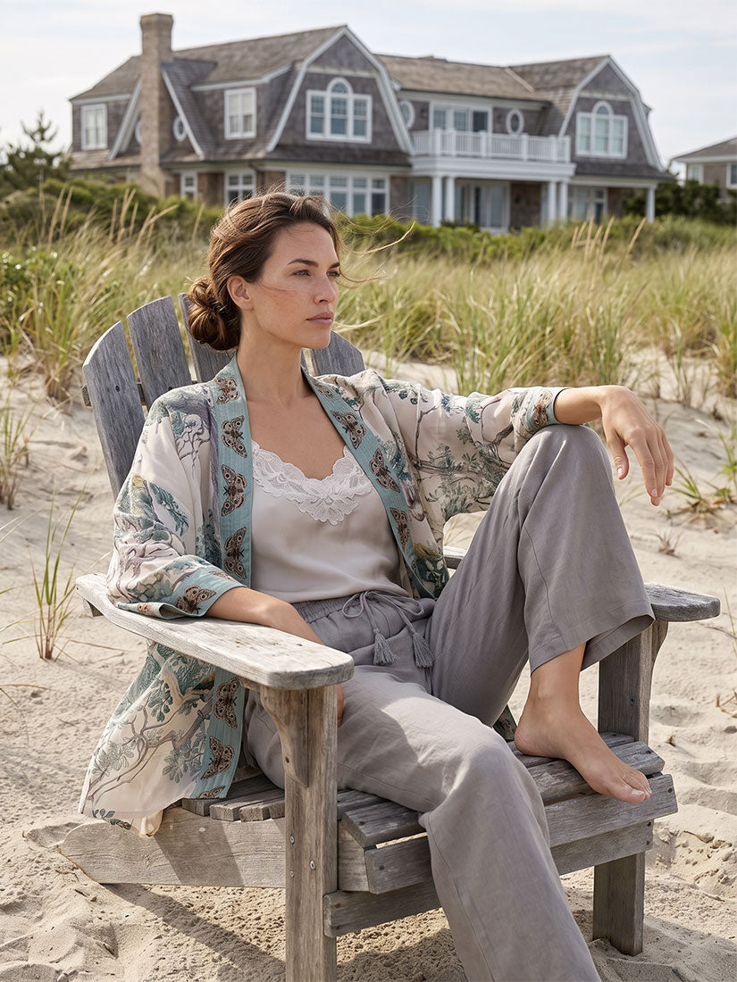 A woman sits barefoot on a weathered wooden beach chair in the sand, wearing a light blue floral kimono jacket over a goldhawk cream lace-trimmed top and goldhawk linen gray pants, with a large house and dunes in the background.