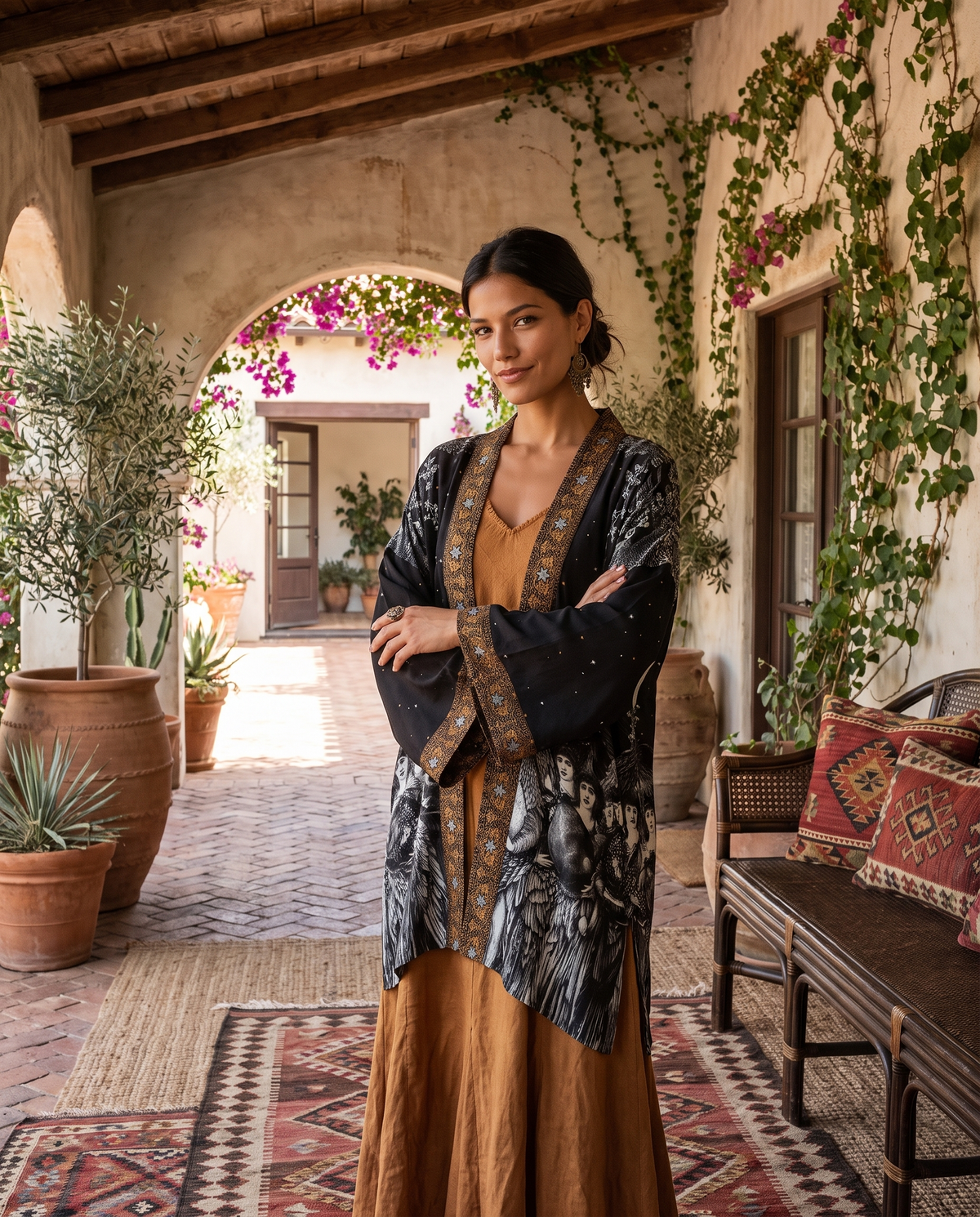 A woman stands in a sunlit courtyard wearing a long-sleeve bohemian-style tunic with a black and gray abstract print and brown patterned trim over a rust-orange dress. The setting features stucco walls, potted plants, a woven bench with patterned cushions, and a patterned rug.
