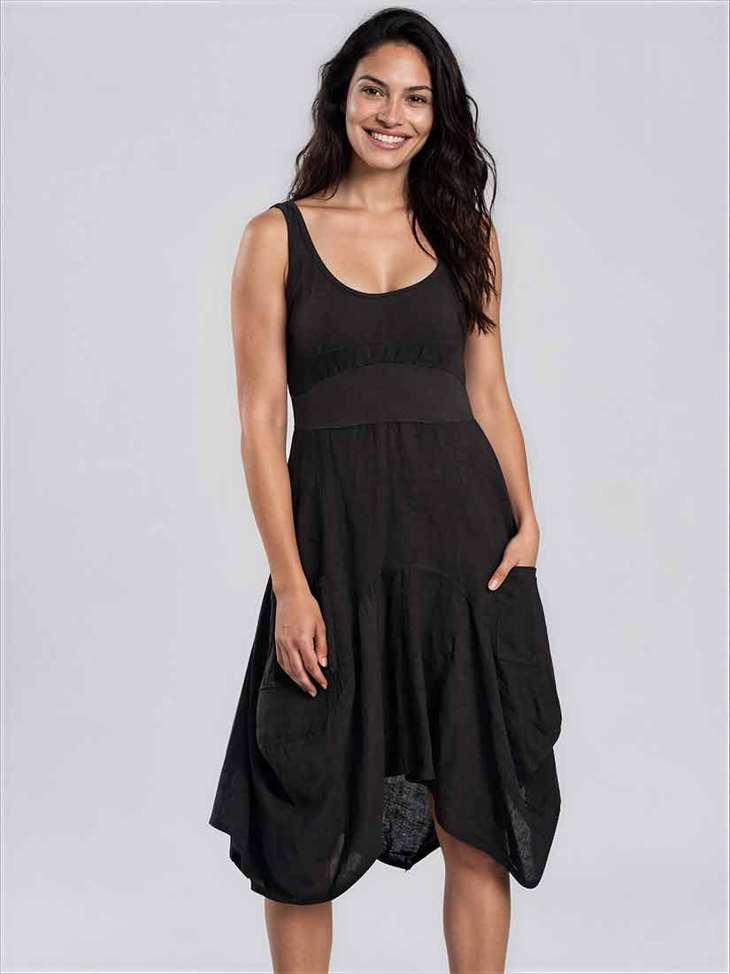 Inizio MAGIC 2 POCKET Sleeveless Linen Dress Black+Navy