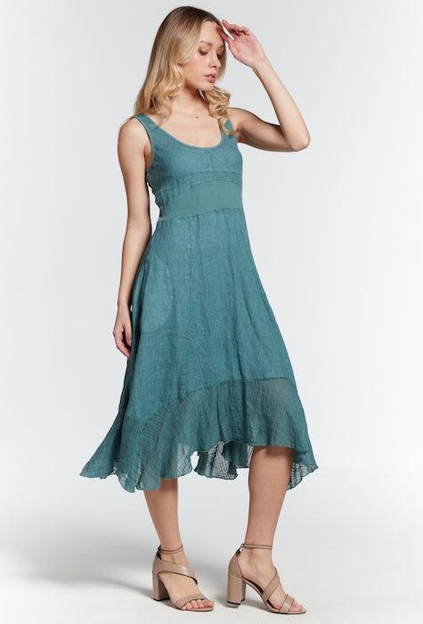 inizio lyric linen dress style 90920 in stormy green