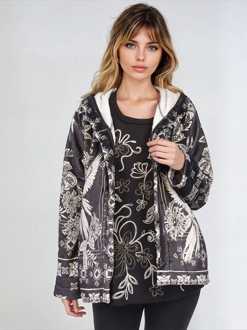 johnny was joan zip sherpa hoodie myna print black and white