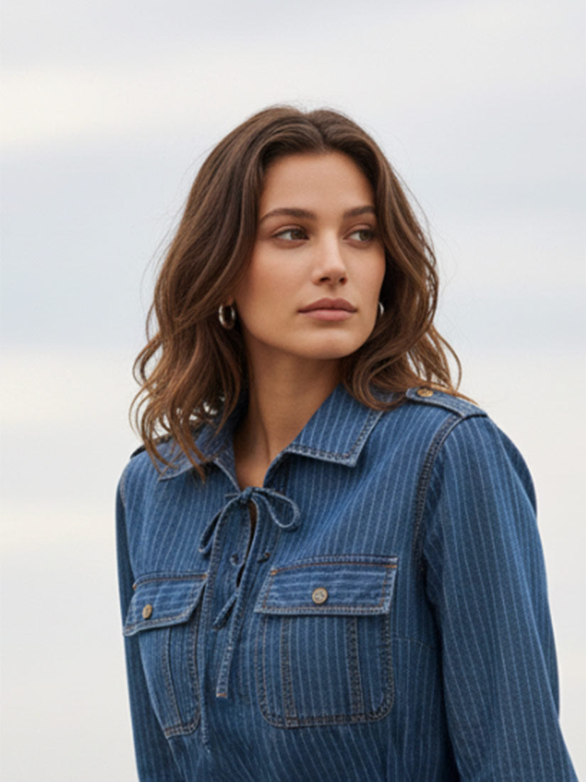 Thalassa denim stripe short dress maison hotel on brown hair model