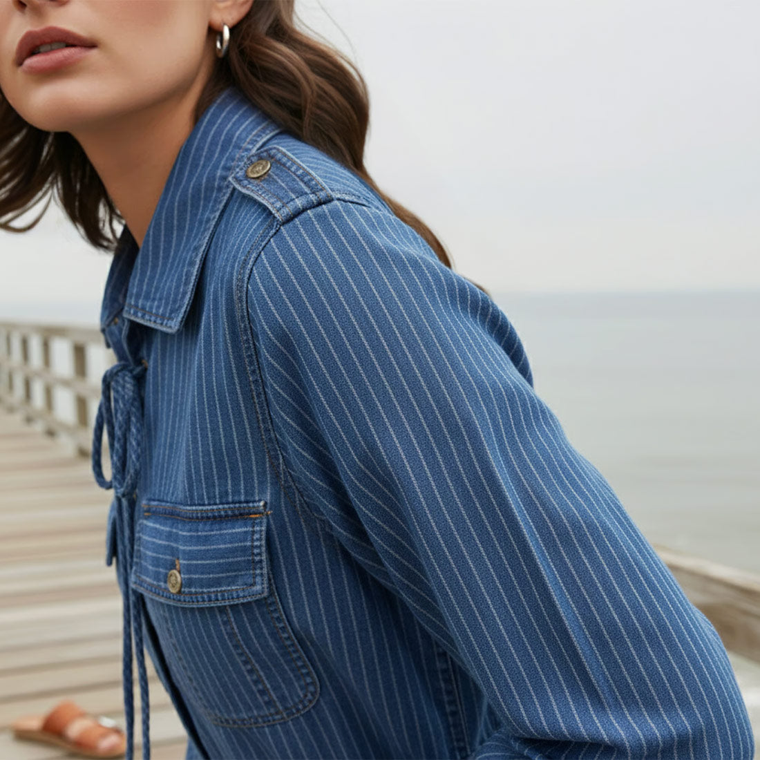 Thalassa denim stripe short dress maison hotel close up