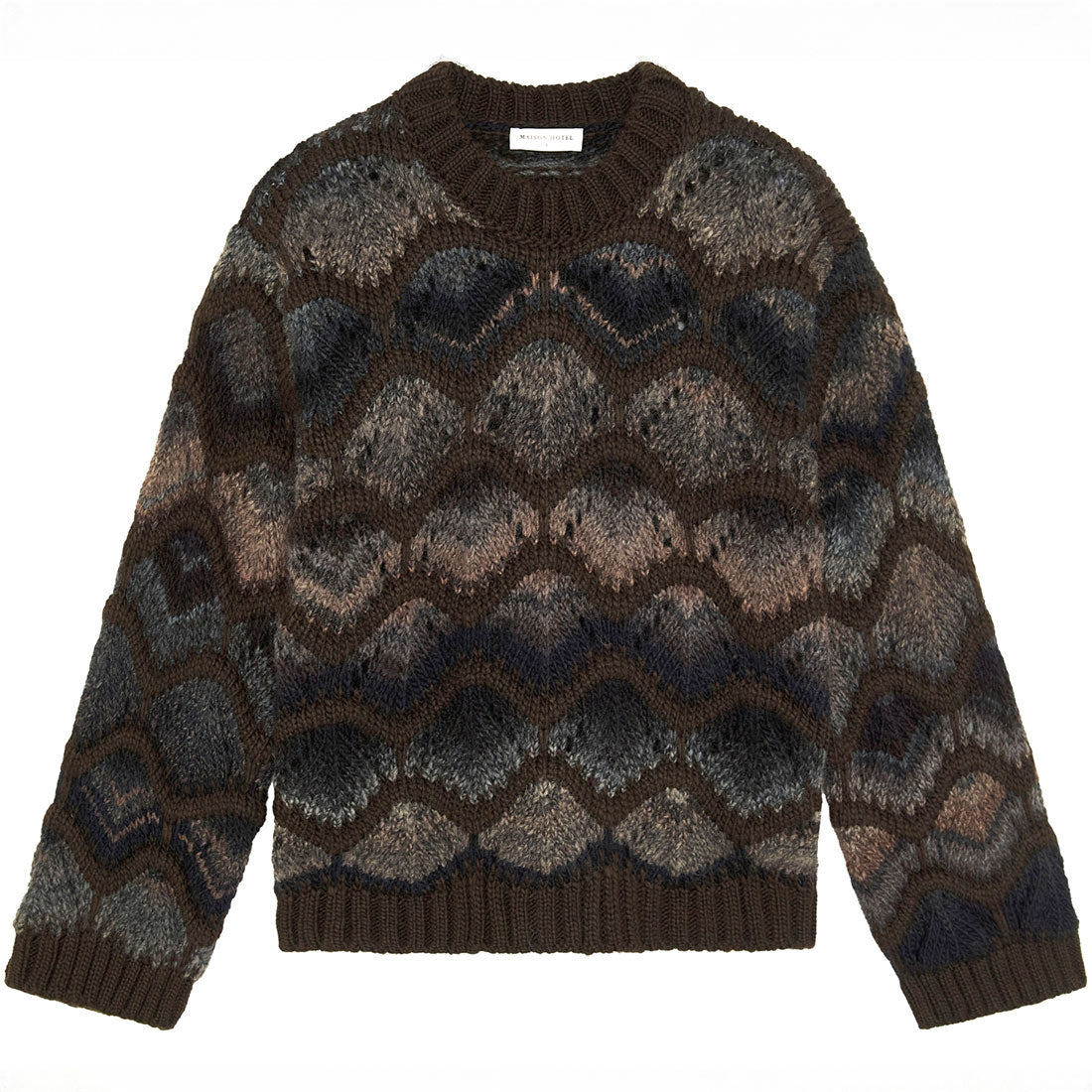A dark brown and charcoal gray patterned knit sweater with a textured, wavy chevron design, laid flat against a white background.