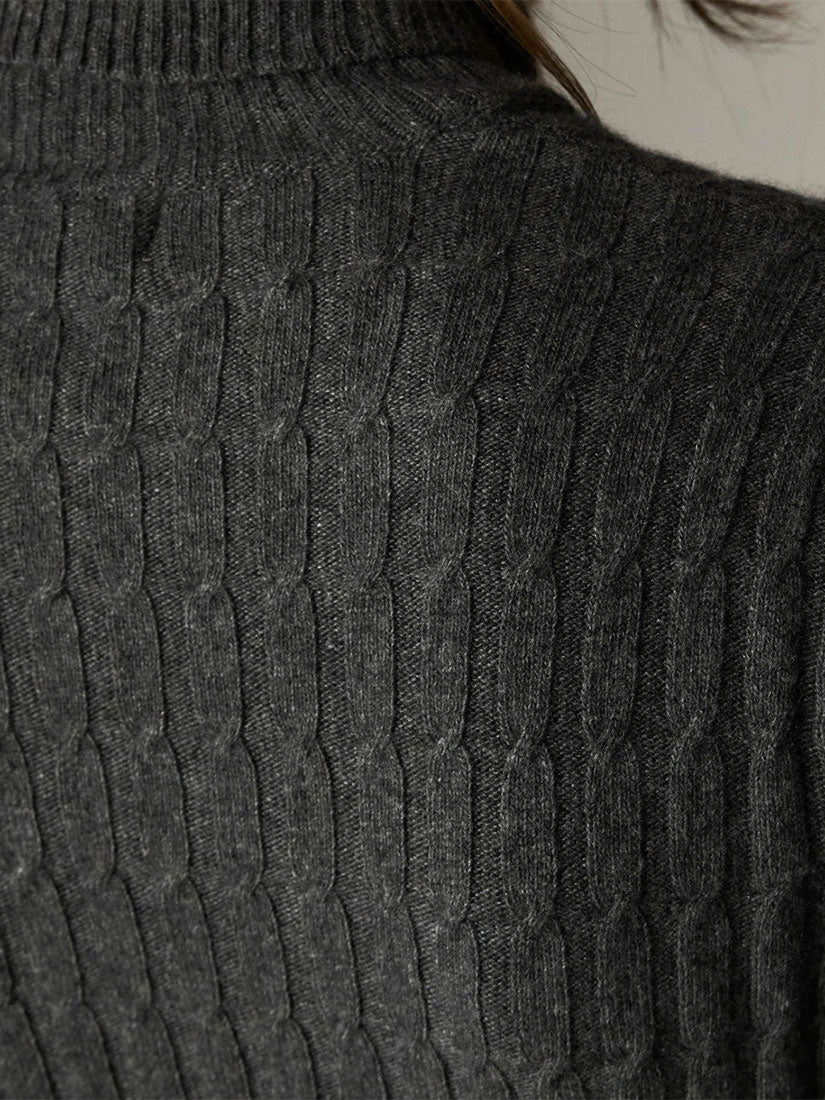 Close-up of a dark charcoal gray ribbed knit sweater showing the detailed vertical cable texture and high ribbed collar.