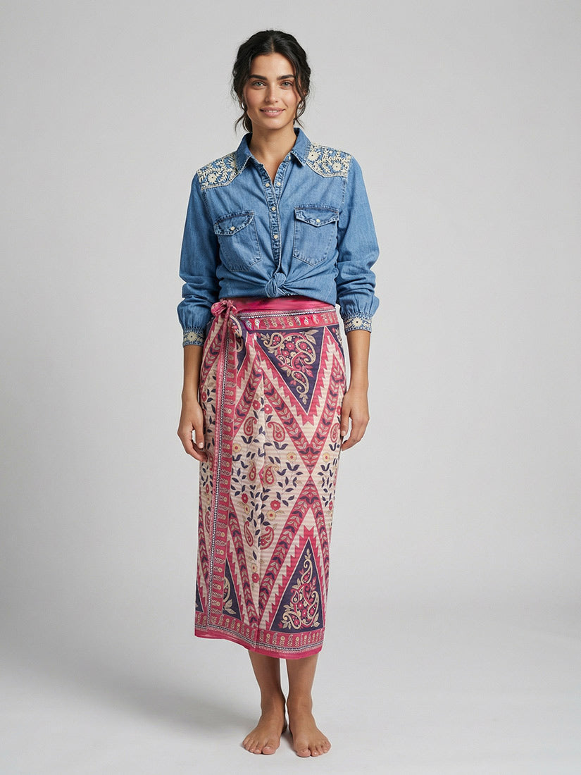 thelma embroidered denim shirt and samba print pareo from maison hotel