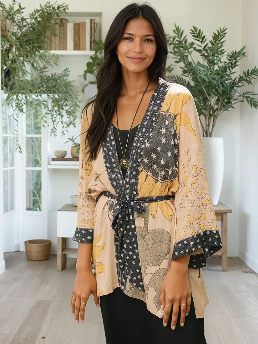milk & honey matinée length bamboo viscose kimono on black hair model lifestyle