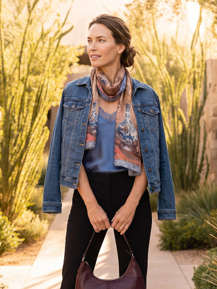 A woman stands outdoors in a garden setting wearing a blue denim jacket, a blue top, black pants, and a patterned scarf. She is holding a dark purple handbag.