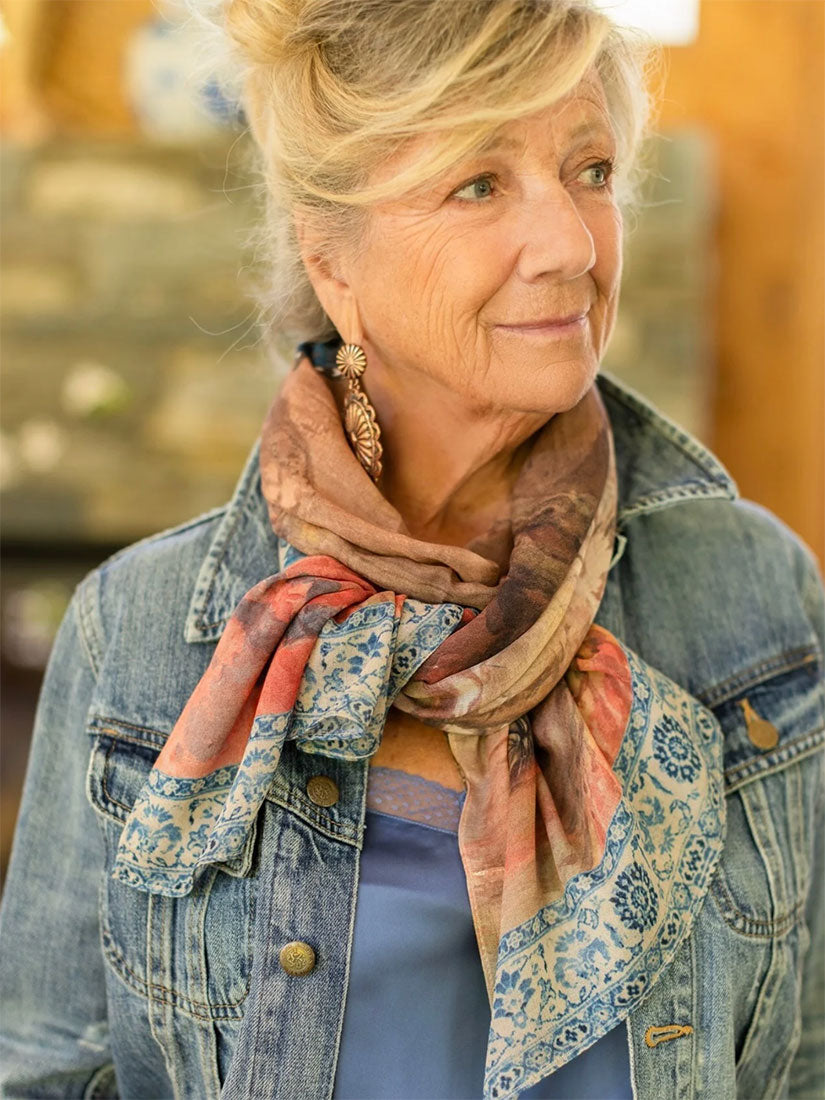 market of stars the storyteller print scarf on model