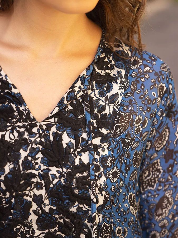 miss june ludovica maxi dress blue close up pattern
