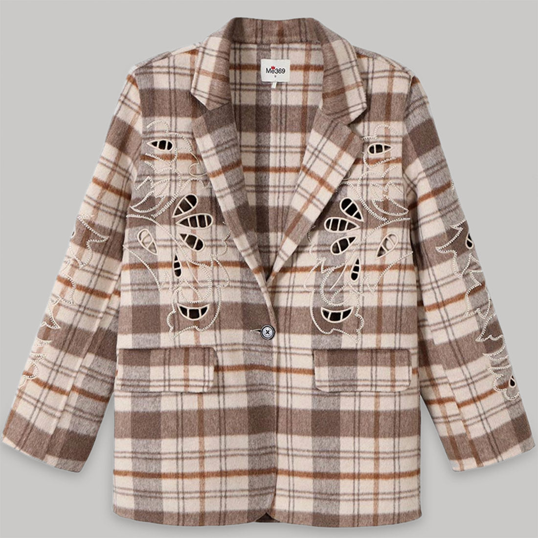 kinsley embroidered blazer jacket beige plaid by me369 flat