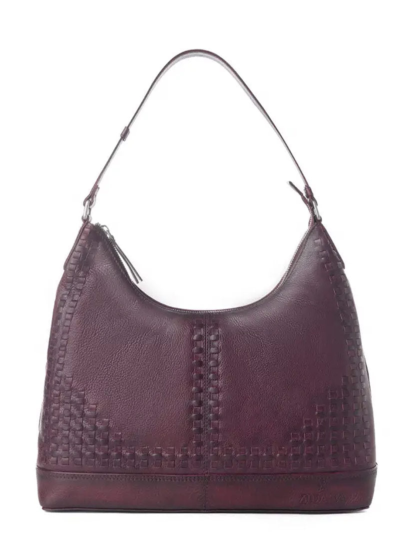 A dark burgundy leather hobo shoulder bag with woven basketweave detailing on the front panels and a single shoulder strap, shown against a plain white background.