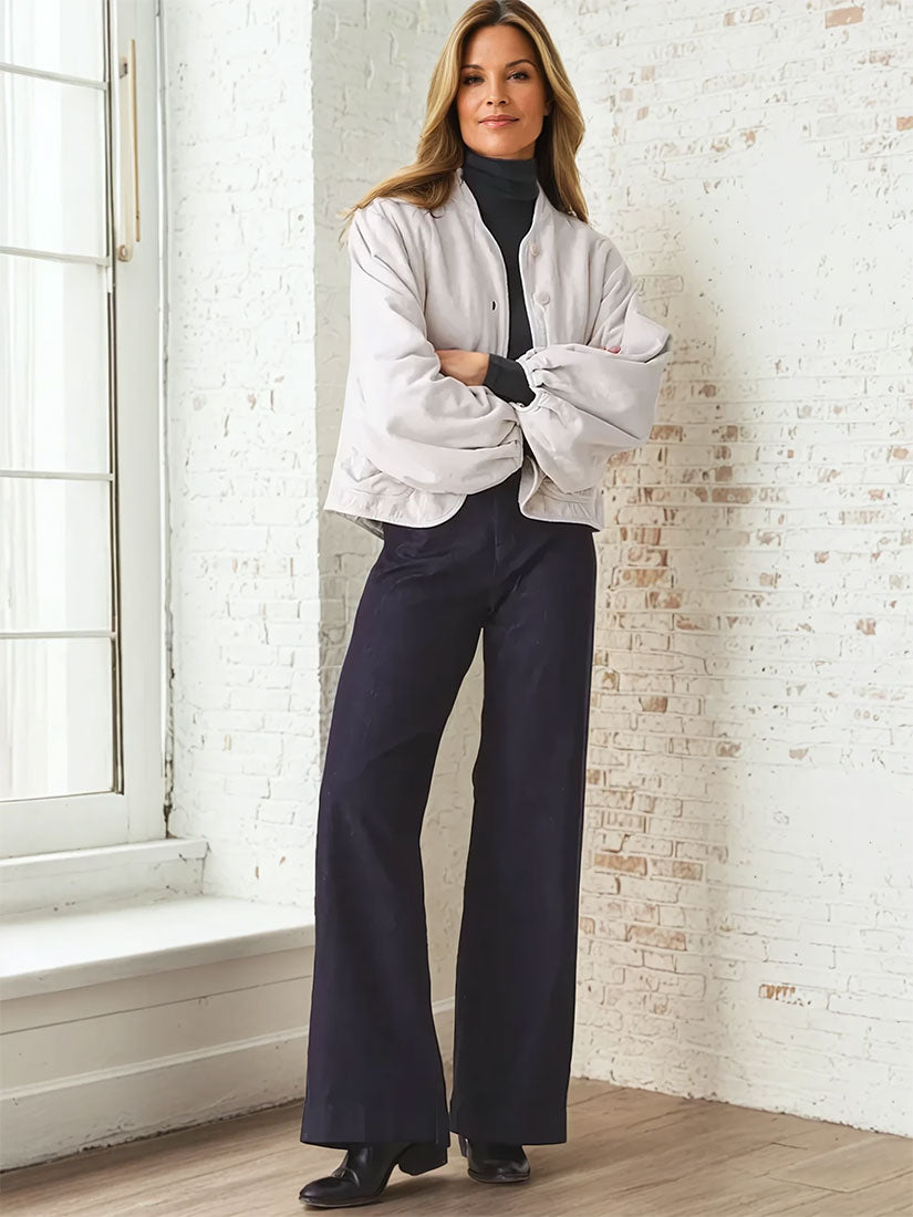 prairie underground long knack pant denim and mock neck tee in drab and regine jacket in oyster