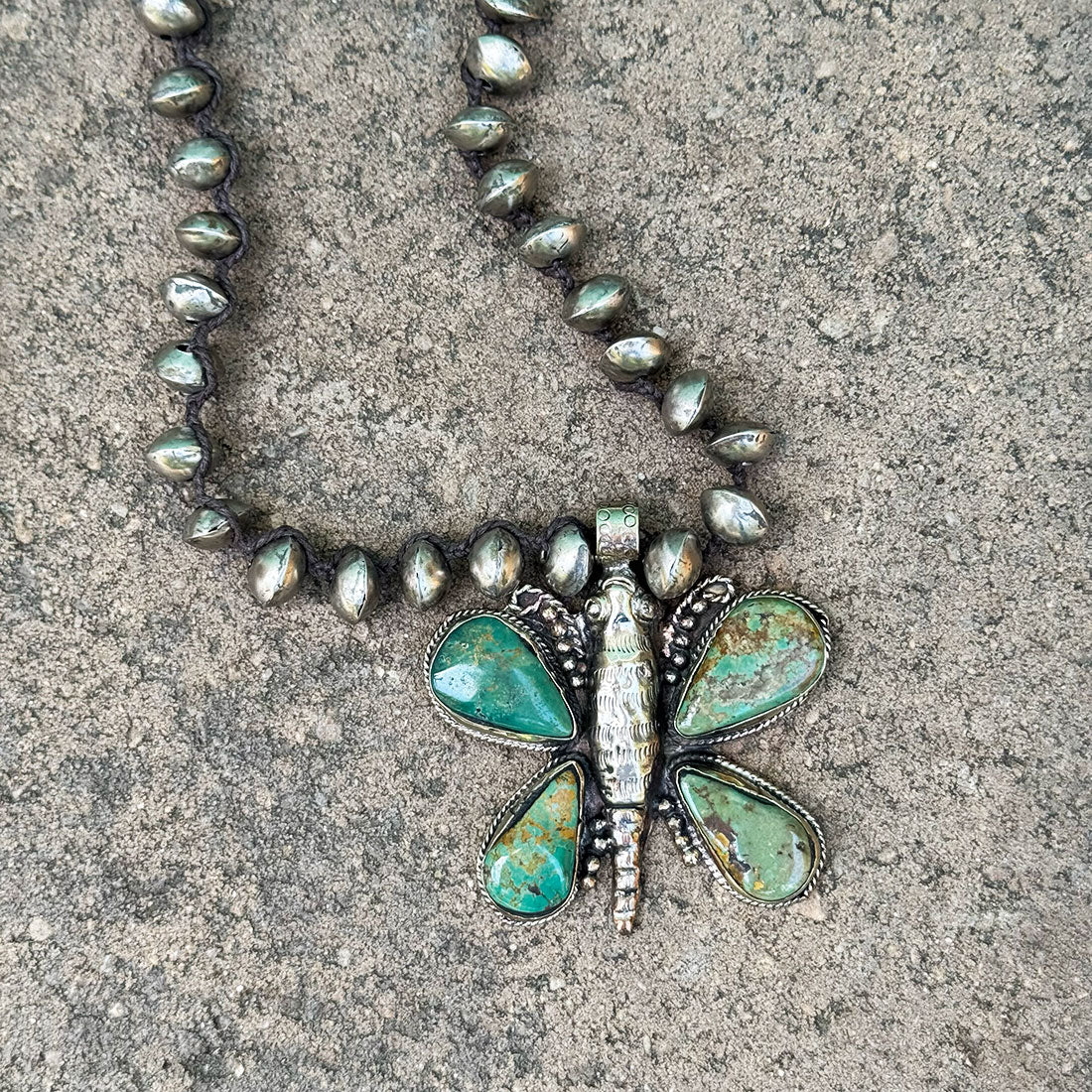 Tara gasparian sky dancer turquoise and silver butterfly pendant necklace detail