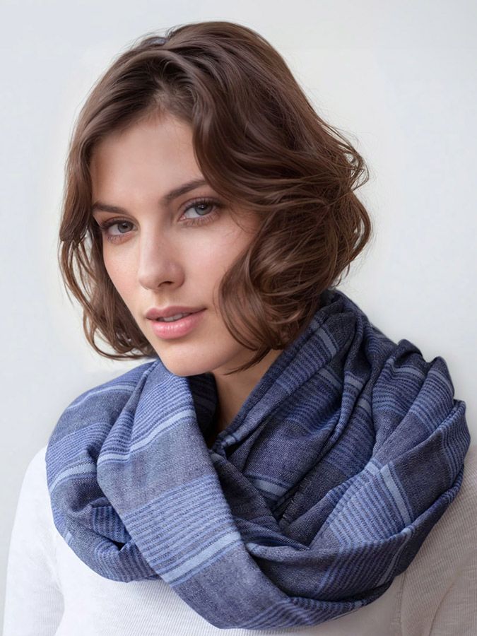 GDCollective shades of blue scarf pareo on brown hair model