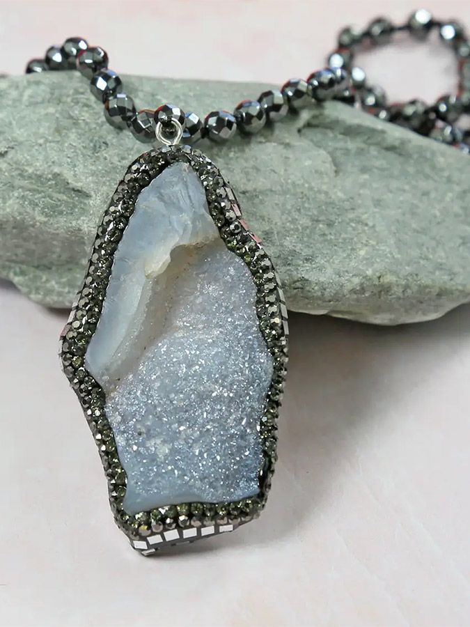 TENAYA Hematite Druzy Pendant Necklace close up