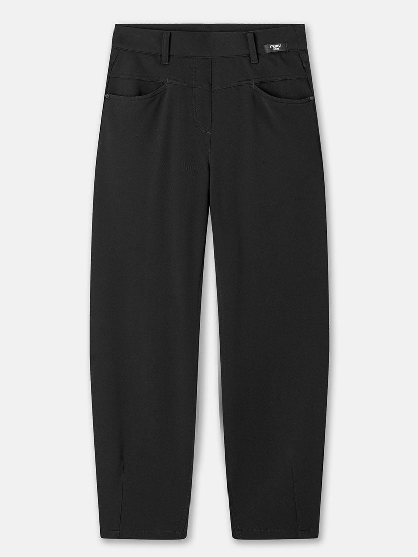 Black slim-fit trousers with a straight leg, featuring a five-pocket design and belt loops, shown flat on a light gray background.