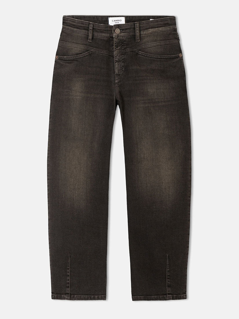 A pair of dark washed denim jeans with a faded charcoal gray finish, shown flat against a light gray background.