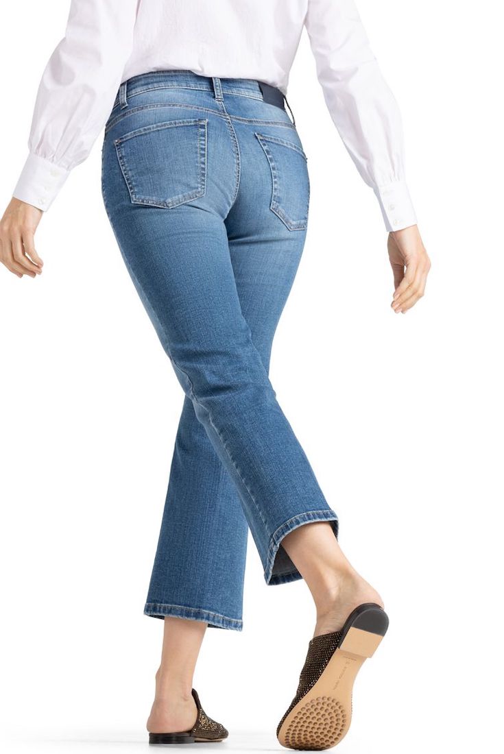 cambio paris kick fringed denim jean in paisley ombre print on model
