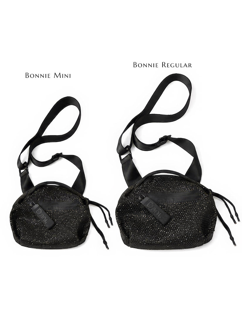 Two black textured waist bags with adjustable shoulder straps, displayed side by side on a plain white background.