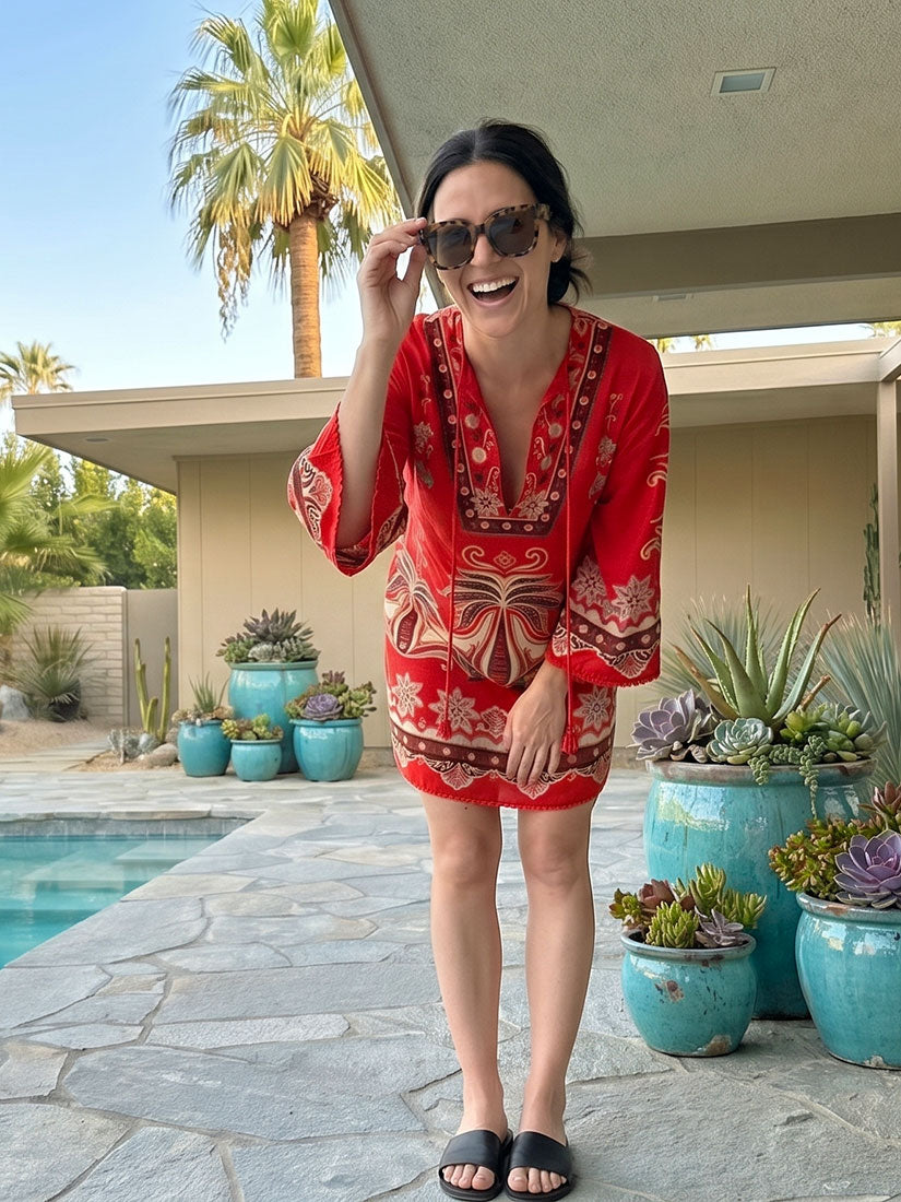 farm rio ainika garden red linen mini dress