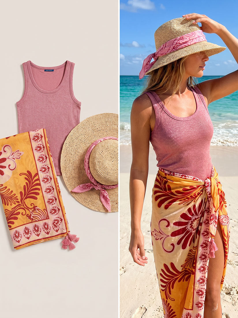 blond woman on beach in pareo and tank top
