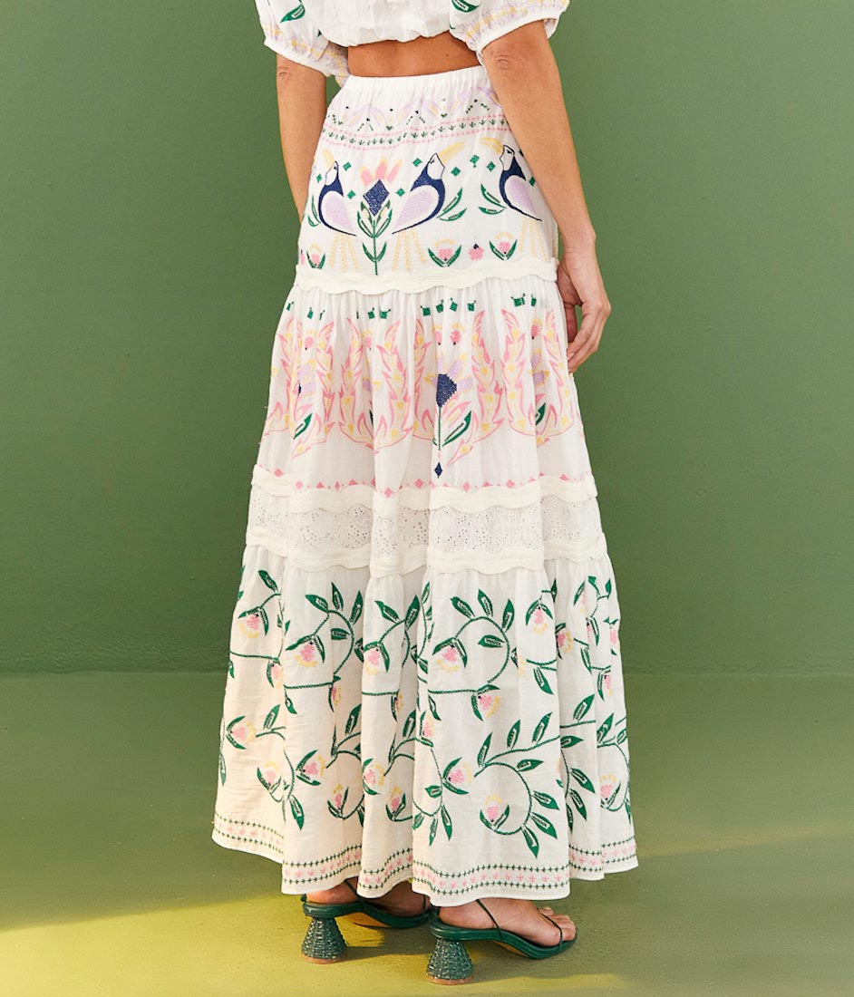 Farm Rio SUMMER GARDEN Embroidered Maxi Skirt