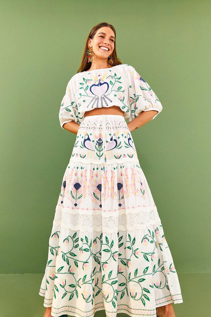 Farm Rio SUMMER GARDEN Embroidered Maxi Skirt