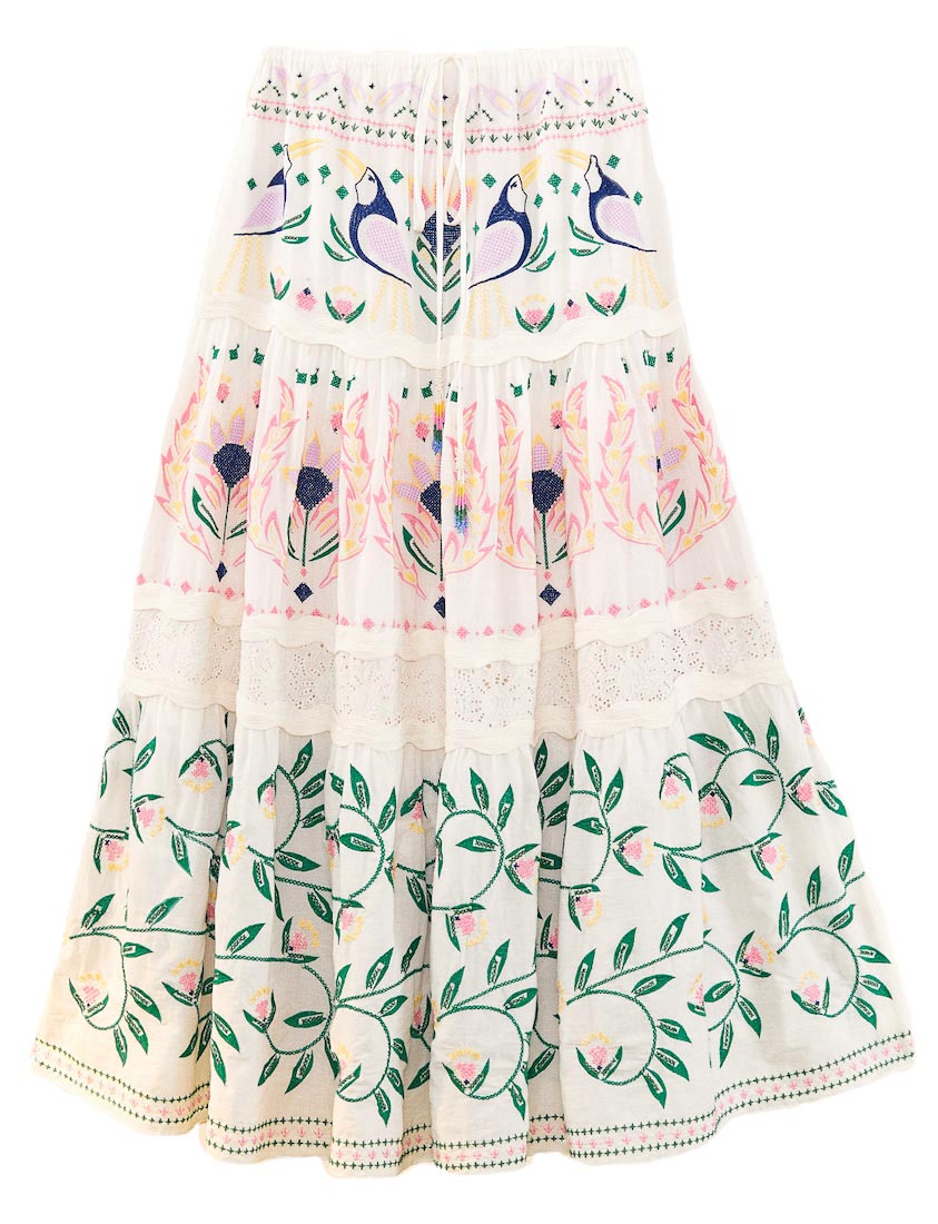 Farm Rio SUMMER GARDEN Embroidered Maxi Skirt