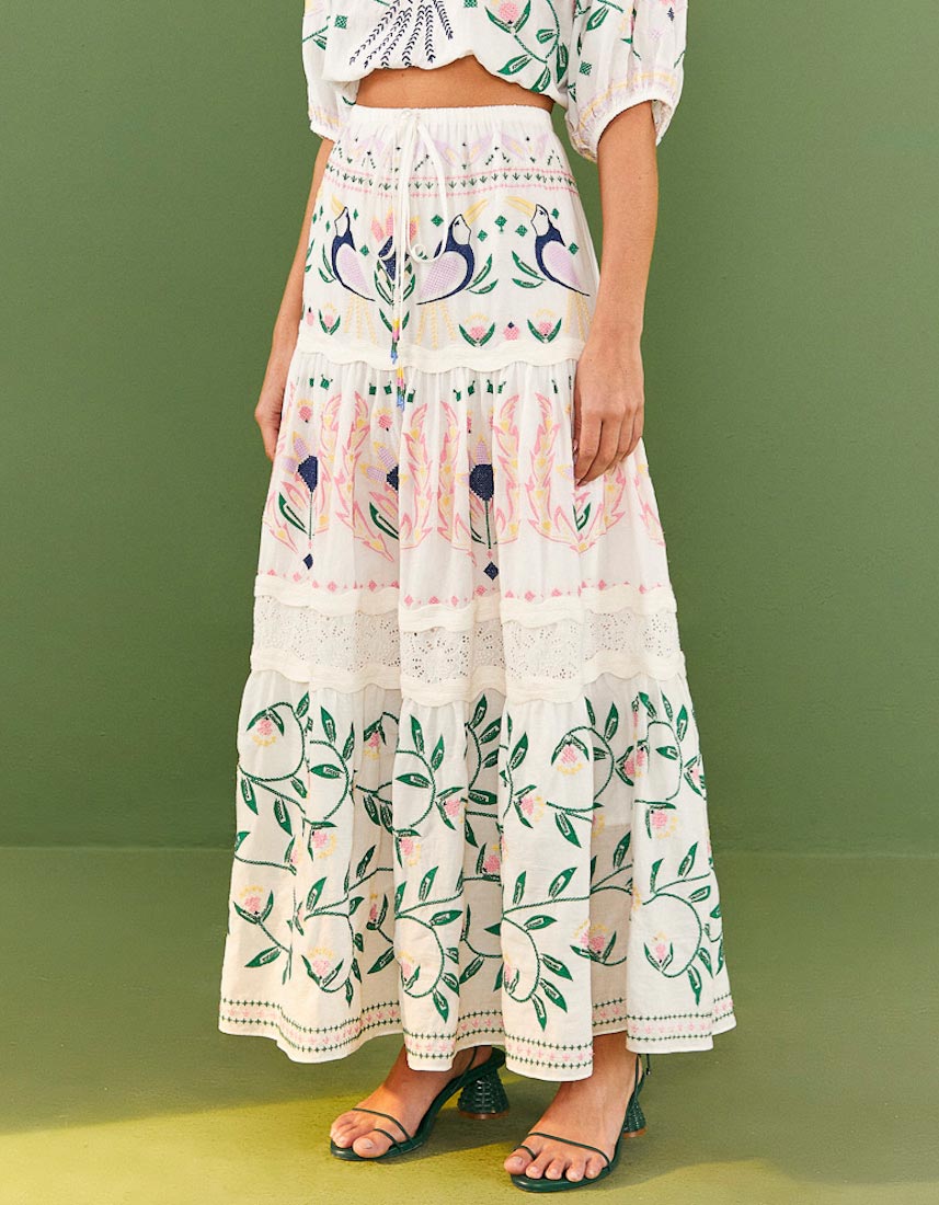 Farm Rio SUMMER GARDEN Embroidered Maxi Skirt