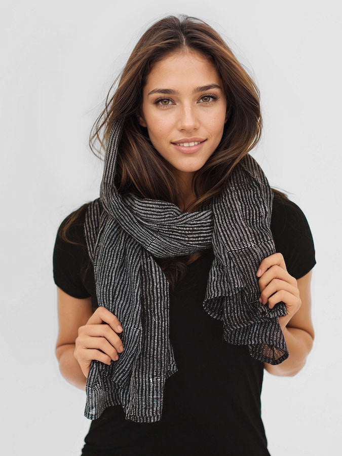 alice stripes black batik print scarf get dressed collective essentials on model
