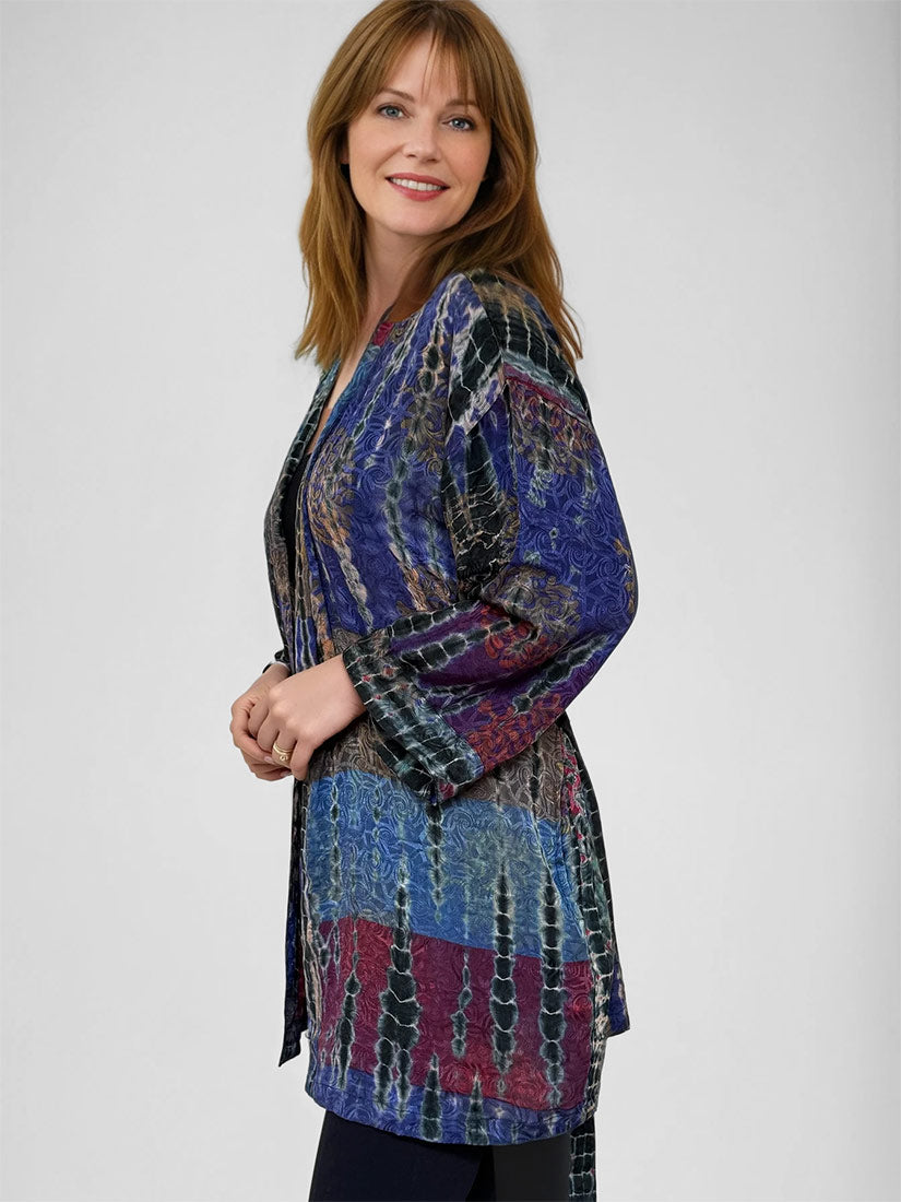 Blue Moon vintage tie dye silk kimono set on red hair model
