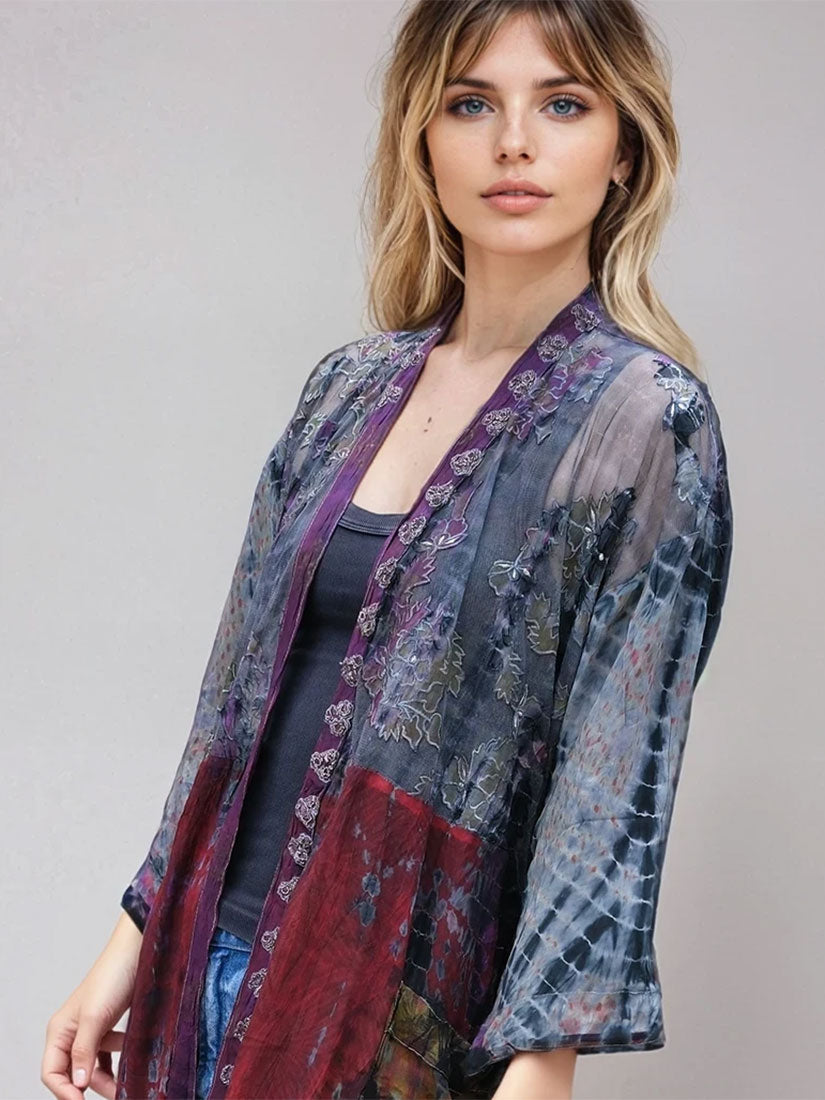 byzantium vintage silk tie dye kimono Get Dressed Collective on blonde hair model
