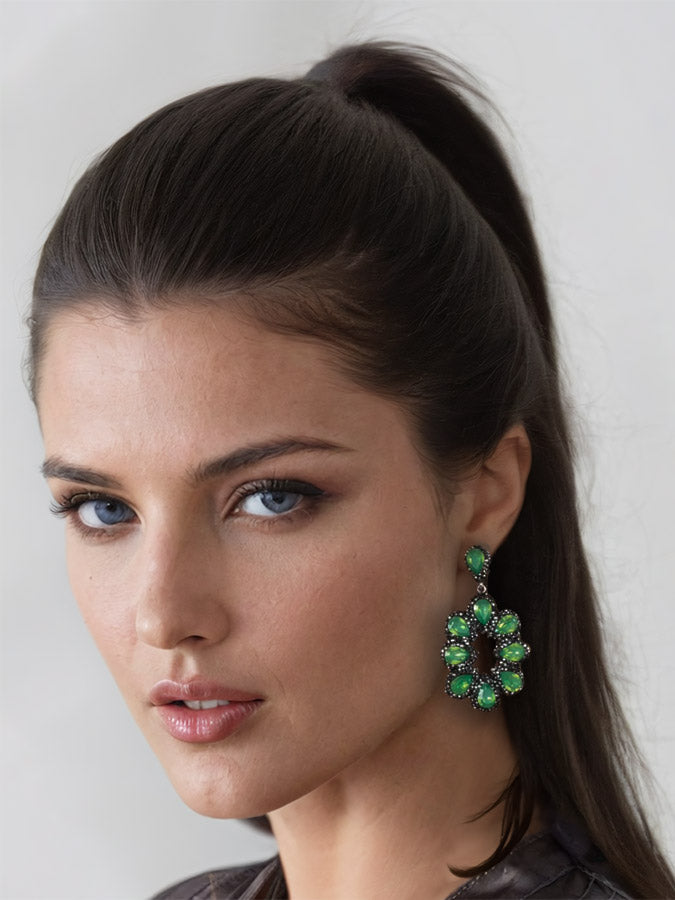 Caris Emerald drop crystal earrings Get Dressed Collective on model