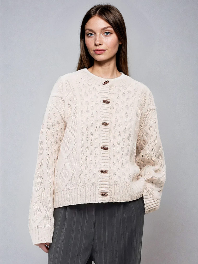 deena cable knit cardigan creme with wooden toggle buttons