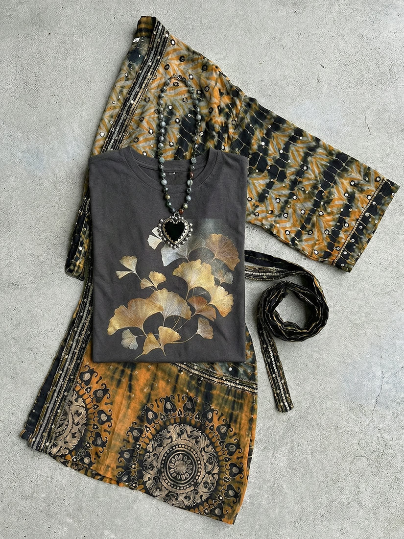 ancient leaves graphic tee and gilded smoke vintage kimono from get dressed collective