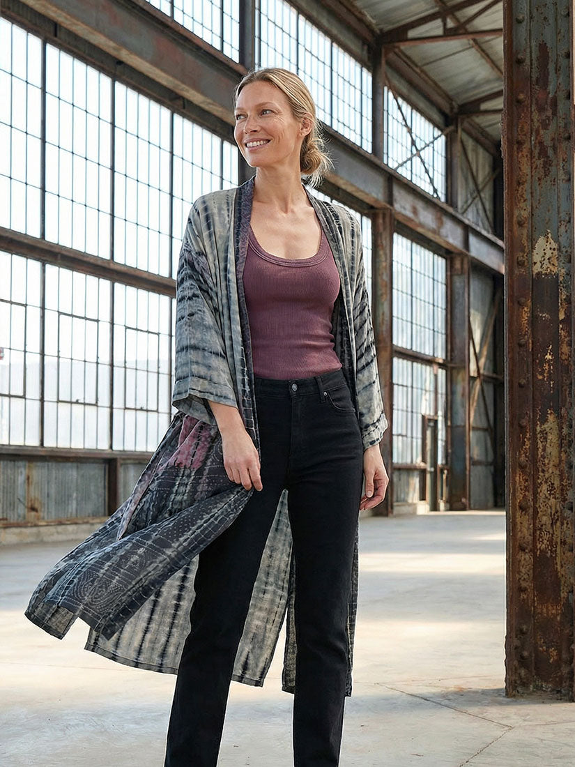 GREY SCALE Vintage Silk Tie Dye Kimono