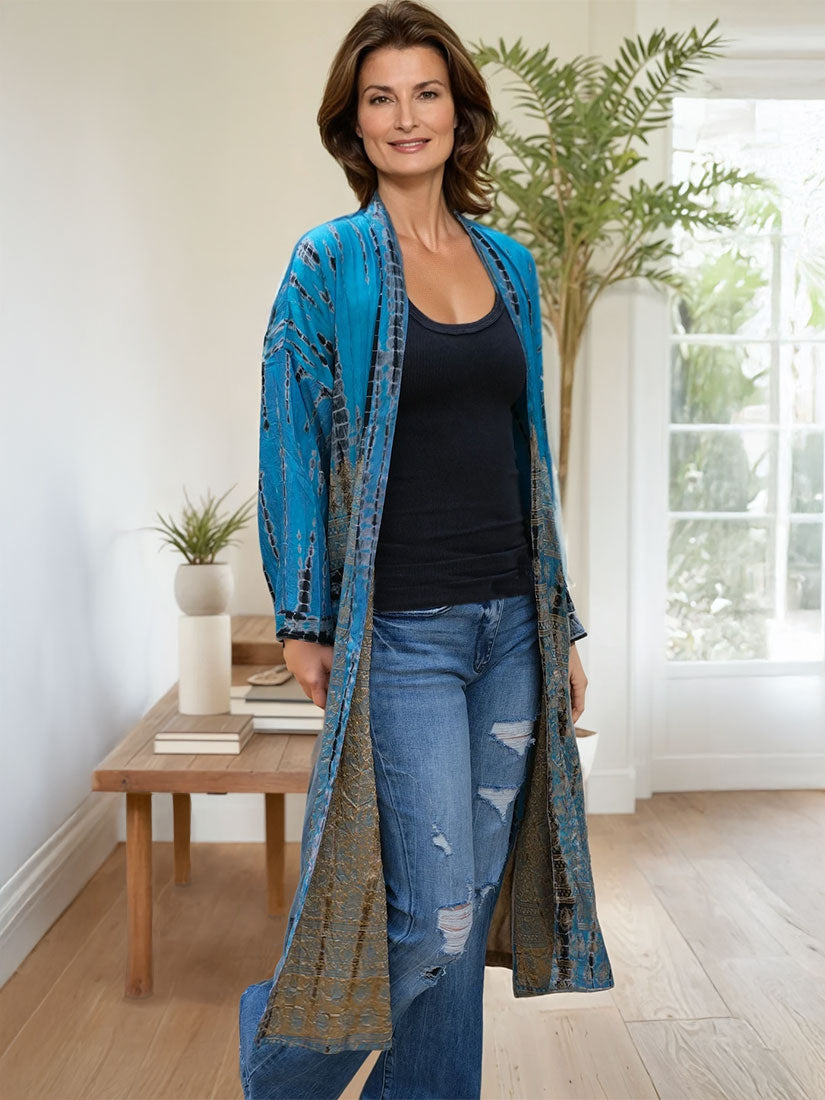 Moondrop vintage silk tie dye kimono Get Dressed Collective on brown hair model