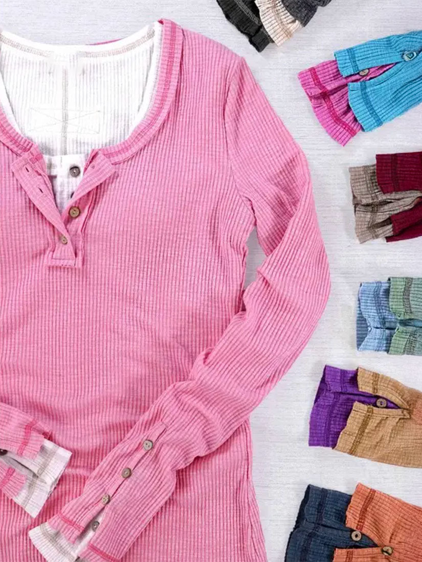 le miel long sleeve ribbed henley layer tee pink